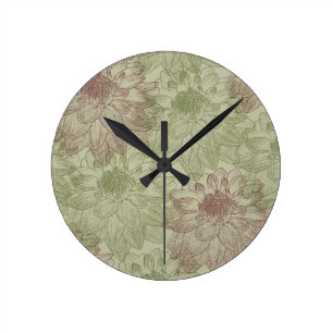 Red and Green Peonies Round Clock