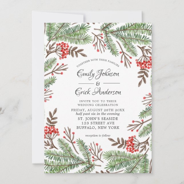 Red and Green Pine Needles Berry Christmas Wedding Invitation (Front)