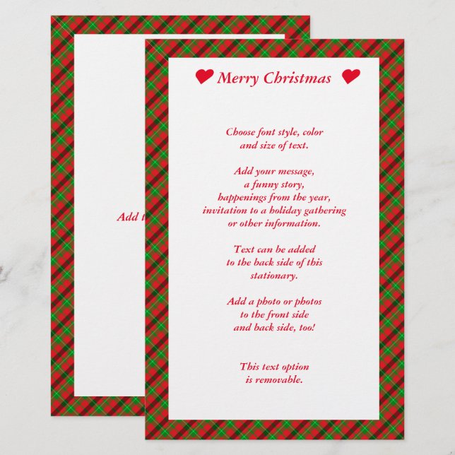 Red and Green Plaid Christmas  Stationery (Front/Back)