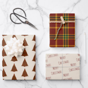 Red and Green Plaid Christmas Tree Wrapping Paper Sheet