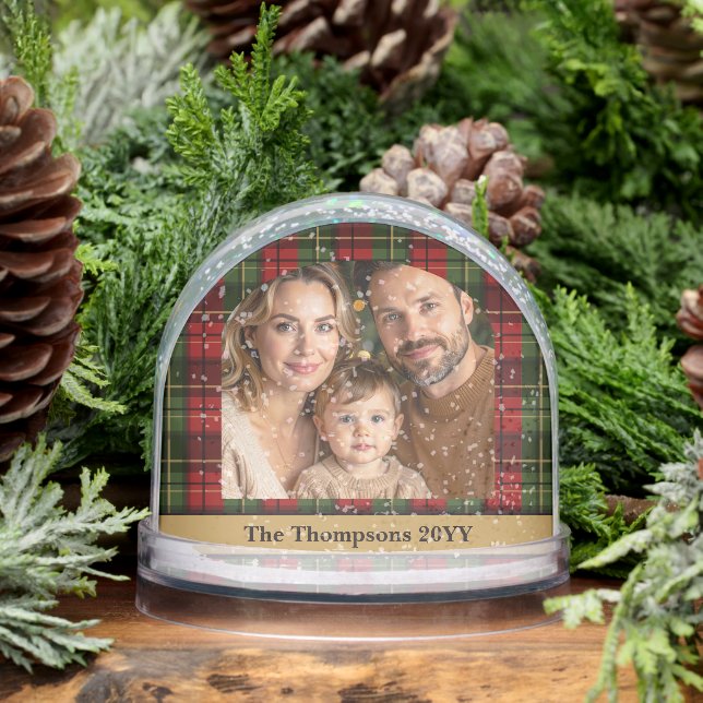 Red And Green Plaid Custom Family Photo Christmas Snowglobe (Winter)