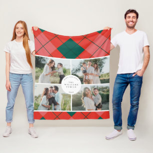 Red and Green Plaid Family Photo Christmas Fleece Blanket