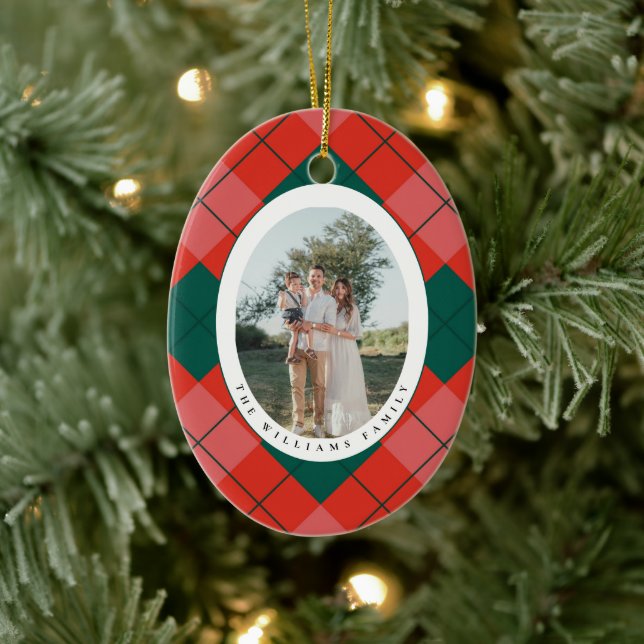 Red and Green Plaid Family Photo Oval Christmas Ceramic Tree Decoration (Tree)