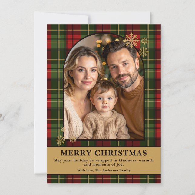 Red And Green Plaid Festive Christmas Family Photo Holiday Card (Front)
