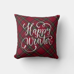 Red and green plaid Happy Winter Cushion