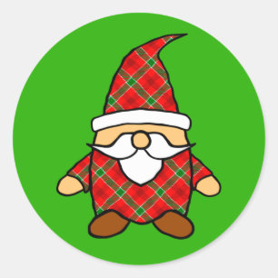 Red And Green Plaid Pattern Gnome  Classic Round Sticker
