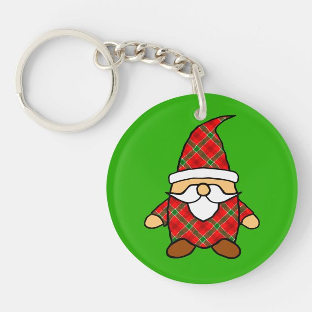 Red And Green Plaid Pattern Gnome Key Ring (Front)