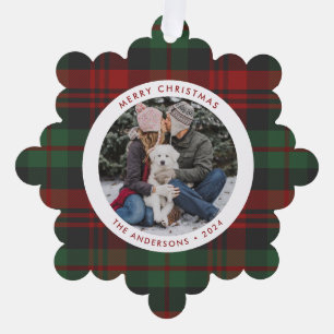 Red and Green Plaid Single Photo Holiday Tree Decoration Card