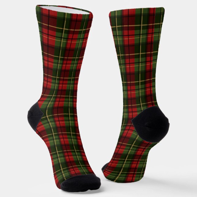 Red And Green Plaid Tartan Festive Pattern Socks (Angled)