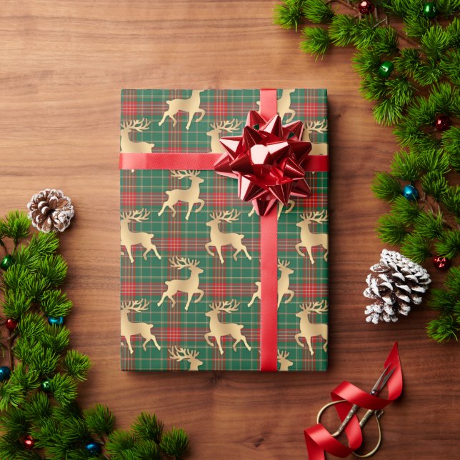 Red and Green Plaid with Faux Gold Reindeer Wrapping Paper (Holiday Gift)