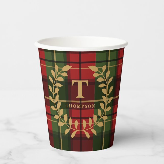 Red And Green Plaid With Laurel Wreath Monogram Paper Cups (Front)