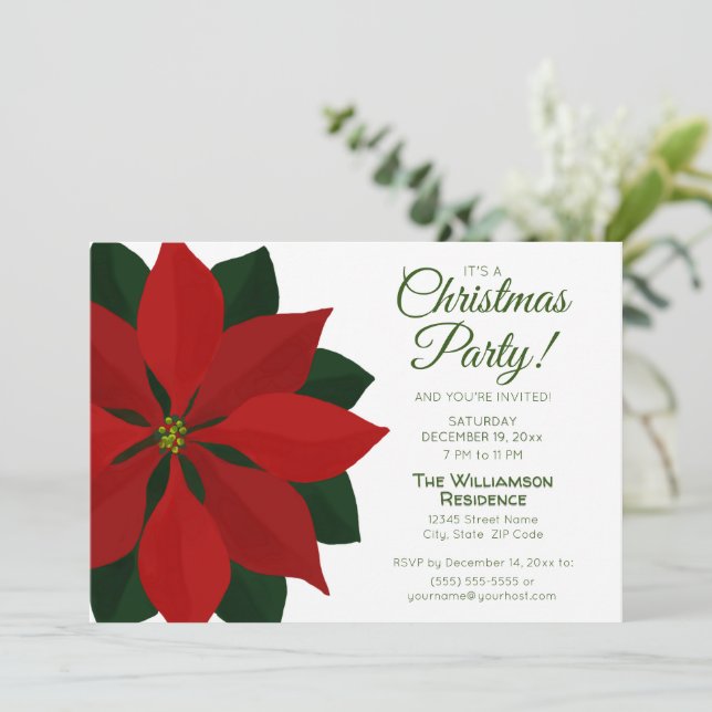 Red and Green Poinsettia Christmas Party Invitation (Standing Front)