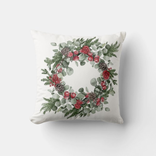 Red and Green Poinsettia Pine Cones Evergreen Cushion (Front)