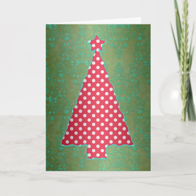 Red and Green Polka Dot Christmas Tree Card (Front)