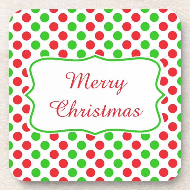 Red and Green Polka Dot Pattern Christmas Coaster (Front)