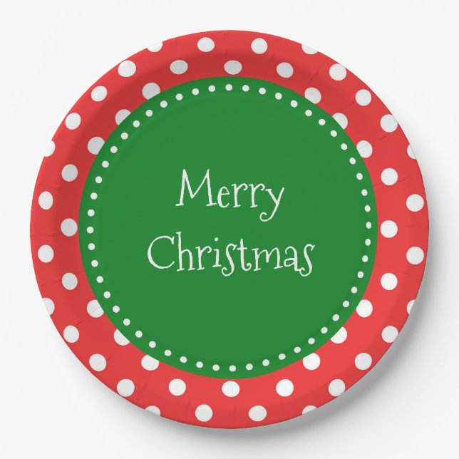 Red and green polka dots festive Christmas Paper Plate (Front)
