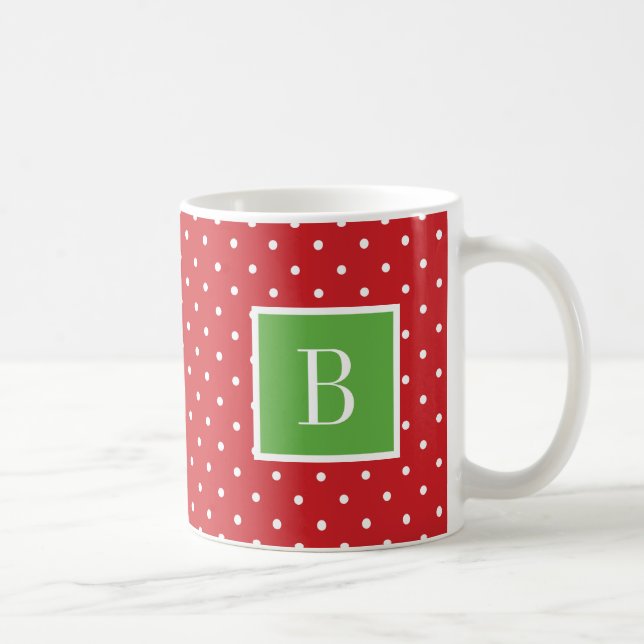 Red and Green Polka Dots Monogram Coffee Mug (Right)