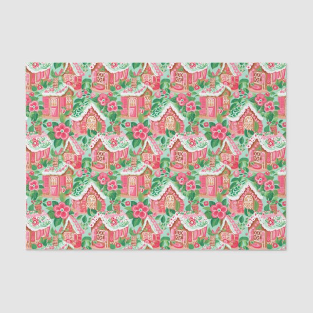 Red and Green Preppy Christmas Gingerbread Houses Tissue Paper (Front)