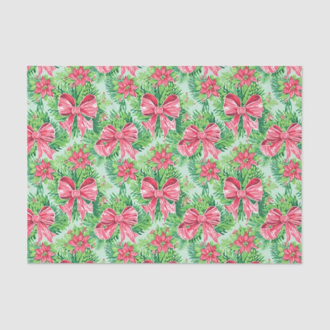 Red and Green Preppy Christmas Poinsettias & Bows Tissue Paper (Front)