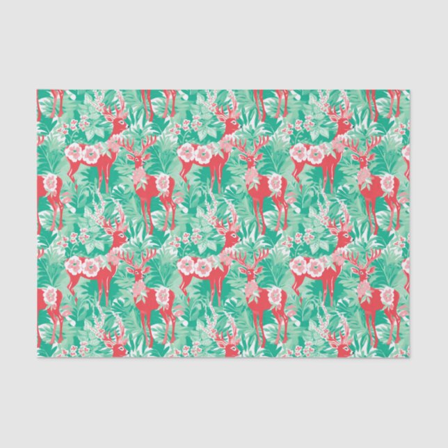 Red and Green Preppy Christmas Reindeer Tissue Paper (Front)