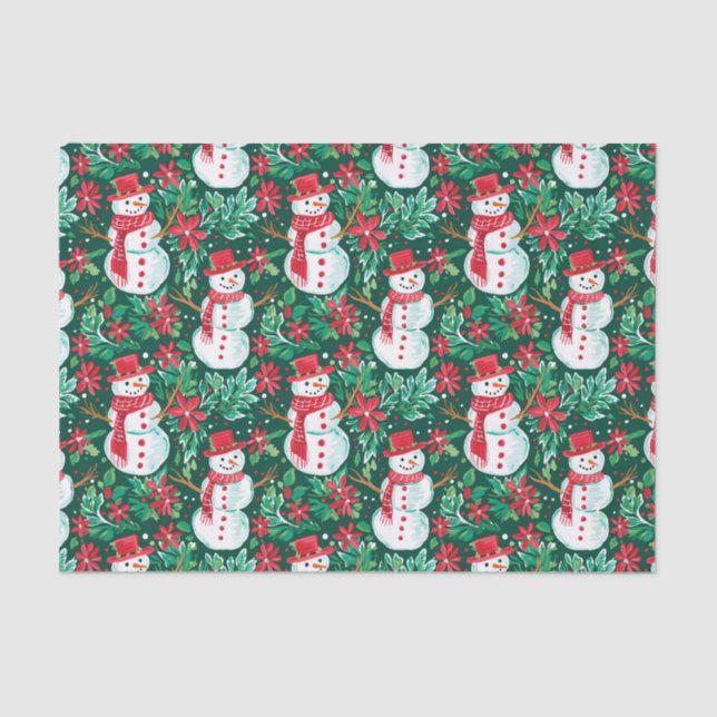 Red and Green Preppy Christmas Snowmen Tissue Paper (Front)