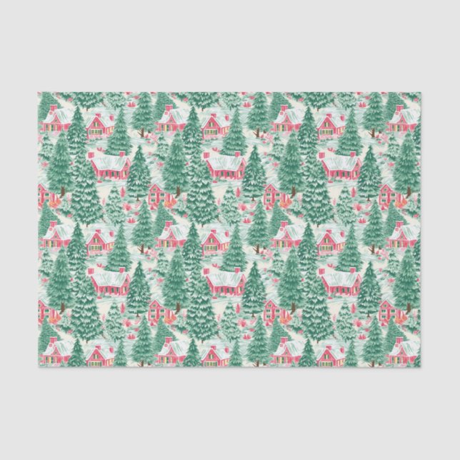 Red and Green Preppy Christmas Winter Houses Tissue Paper (Front)