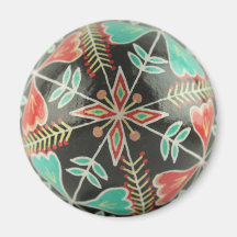 Red and Green Pysanka Flowers Round Magnet