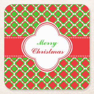 Red and Green Quatrefoil Pattern Christmas Square Paper Coaster