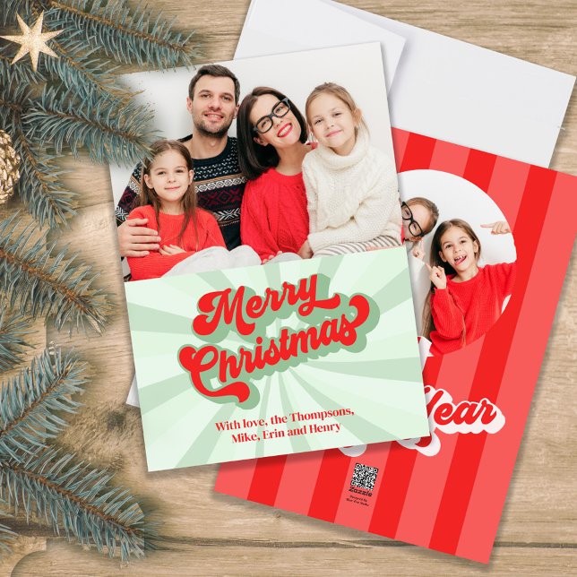 Red and Green Retro Merry Christmas Photo  Holiday Card (Red and Green Merry Christmas Retro Vintage Holiday photo greeting card.)