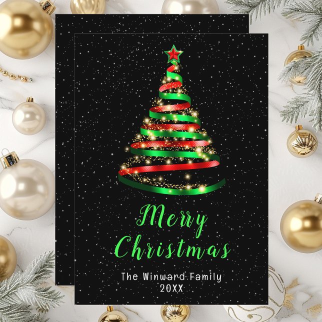 Red and Green Ribbon Tree Merry Christmas Holiday Card (Creator Uploaded)