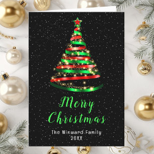Red and Green Ribbon Tree Merry Christmas Holiday Card