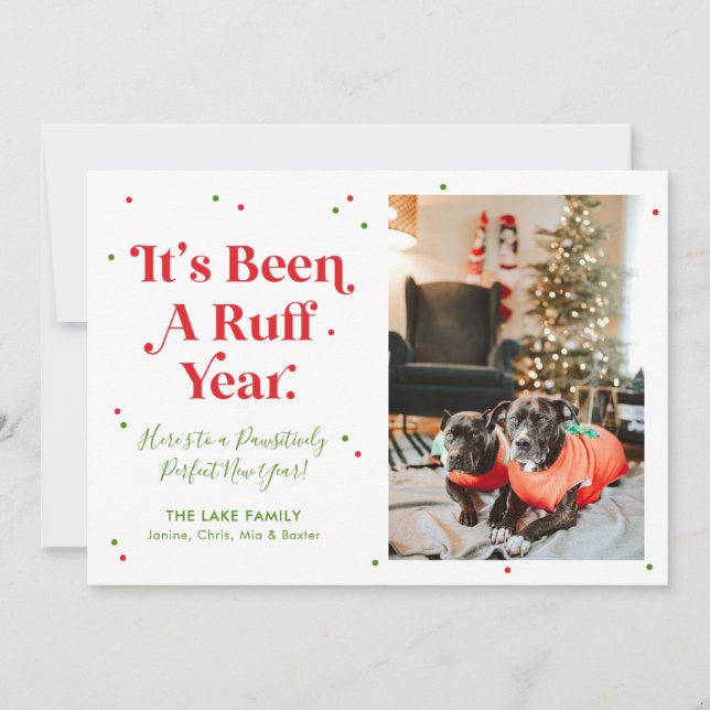 Red and Green Ruff Year Dog Photo Christmas Card (Front)
