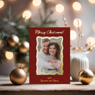 Red and Green Scalloped Wavy Lines Frame Photo Foil Holiday Card