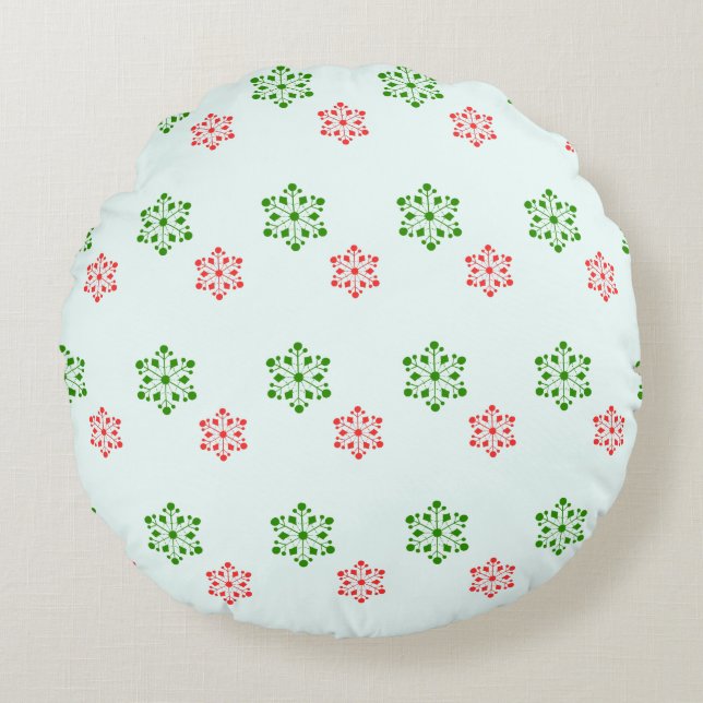 Red and Green Snowflake Pattern, Elegant Christmas Round Cushion (Front)
