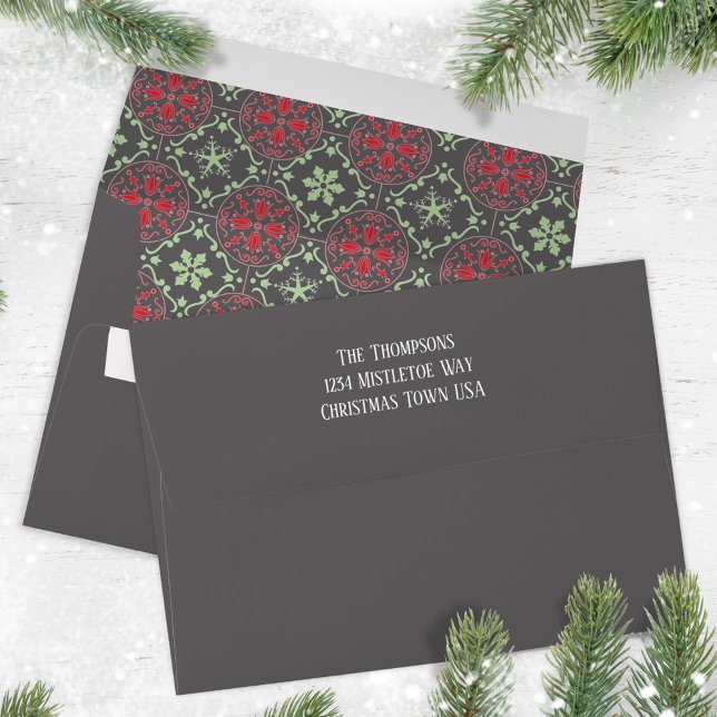 Red and Green Snowflake Return Address Envelope (Red and green snowflake pattern envelopes. )