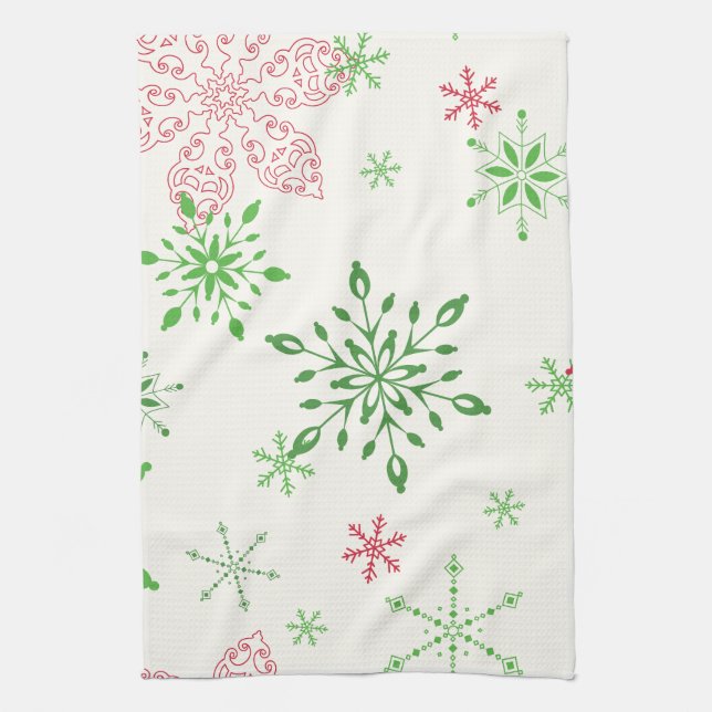 Red and Green Snowflakes on a white background Tea Towel (Vertical)