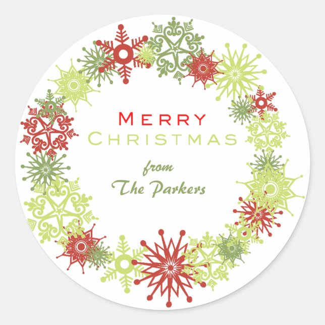 Red and Green snowfloakes Classic Round Sticker (Front)