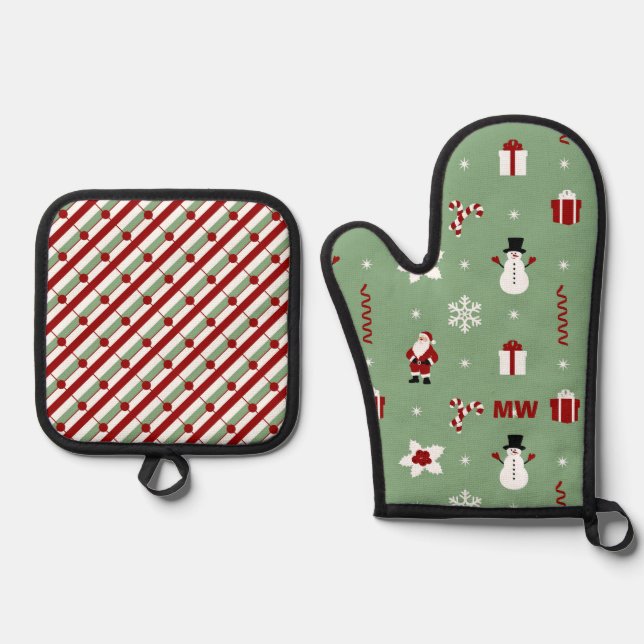 Red and Green Snowman Christmas Oven Mitt & Pot Holder Set (Front)