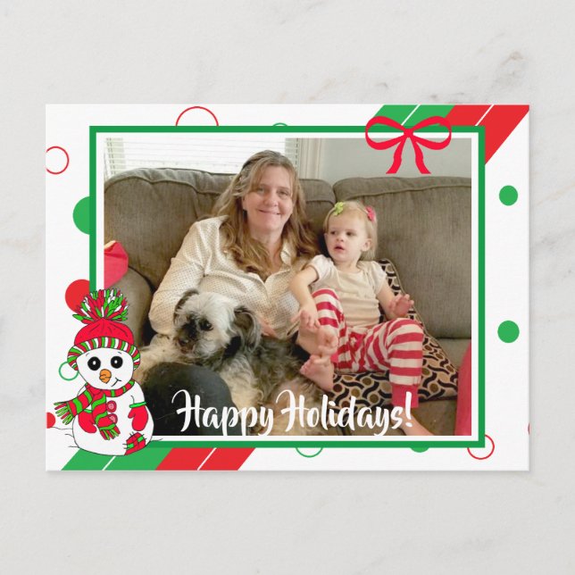 Red and Green Snowman Family Photo Christmas Postcard (Front)