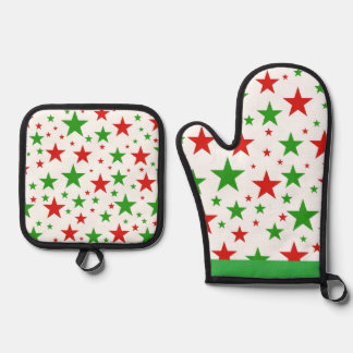 Red and Green Stars Cute Christmas Oven Mitt & Pot Holder Set