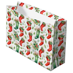 Red and Green Stockings Watercolor Style Pattern Large Gift Bag