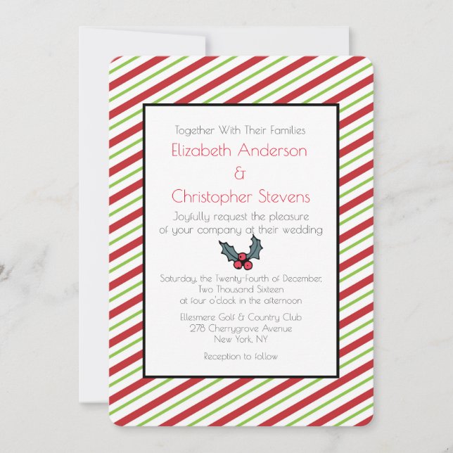 Red And Green Striped Christmas Wedding Invitation (Front)