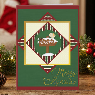 Red And Green Striped Cute Bird Christmas Holiday Card