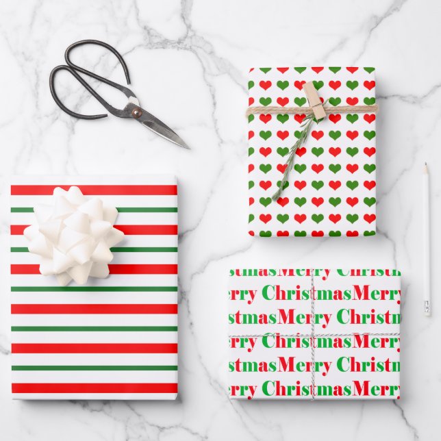 Red and Green Striped Hearts Merry Christmas Wrapping Paper Sheet (Front)