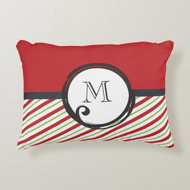 Red And Green Striped Pattern With Monogram Decorative Cushion (Front)