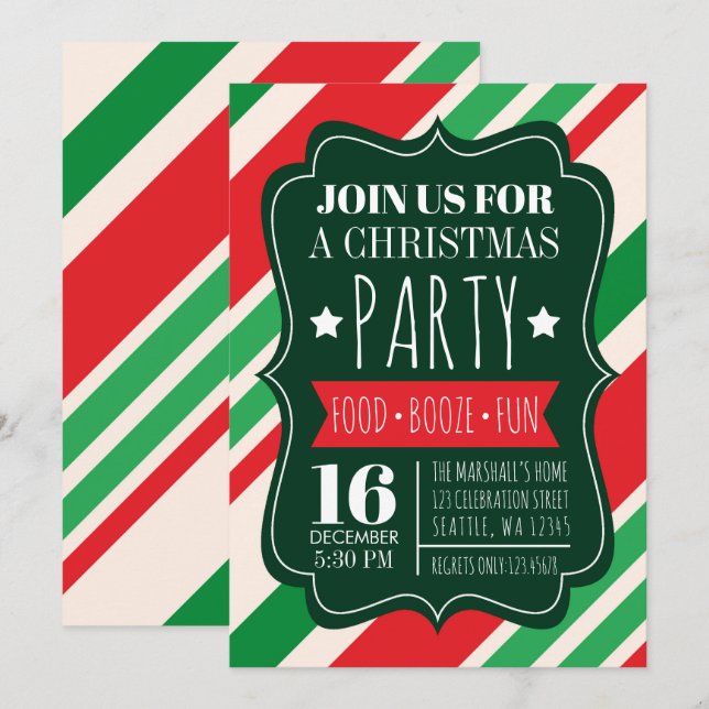 Red and Green Stripes Christmas Party Invitation (Front/Back)