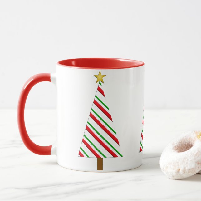 Red and Green Stripes Modern Christmas Tree Mug (With Donut)