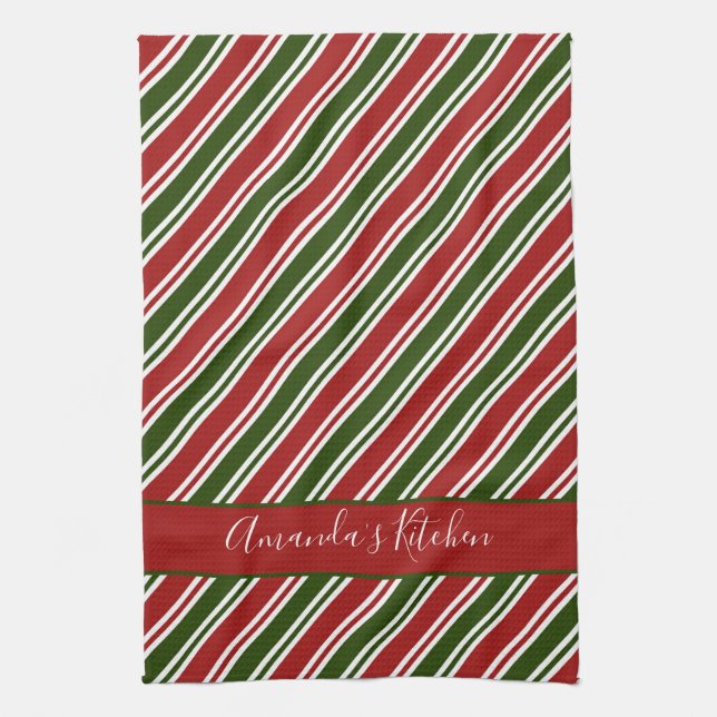 Red and Green Stripes Personalised Christmas Tea Towel (Vertical)