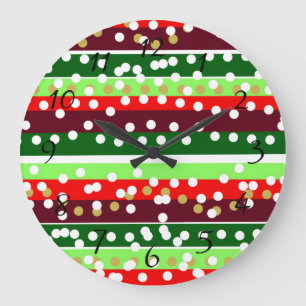 Red and Green Stripes Polka Dots Christmas Large Clock