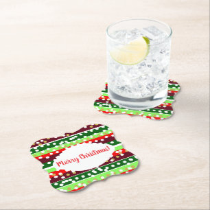 Red and Green Stripes Polka Dots Christmas  Paper Coaster